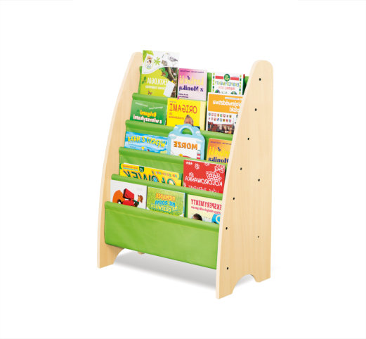 Bookshelf with green pockets