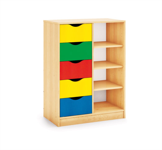 Skříň policová dělená (5 zásuvek, 4 police) - Dekor: Buk