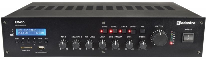 Adastra RM60D, 100V mixážní 4-zónový zesilovač, FM/DAB+, BT, USB/SD