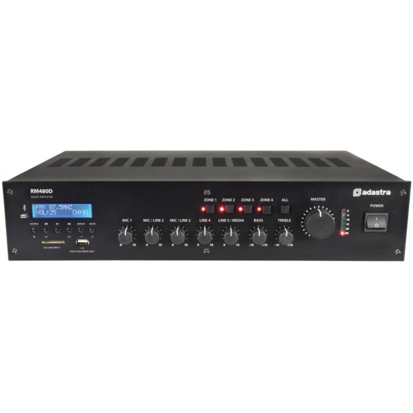 Adastra RM480D, 100V mixážní 4-zónový zesilovač, FM/DAB+, BT, USB/SD