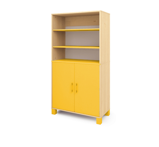 Vysoká skříň ORZE s policemi a dvojicí dveří (více barev) - Barva: Žlutá, Dekor: Buk