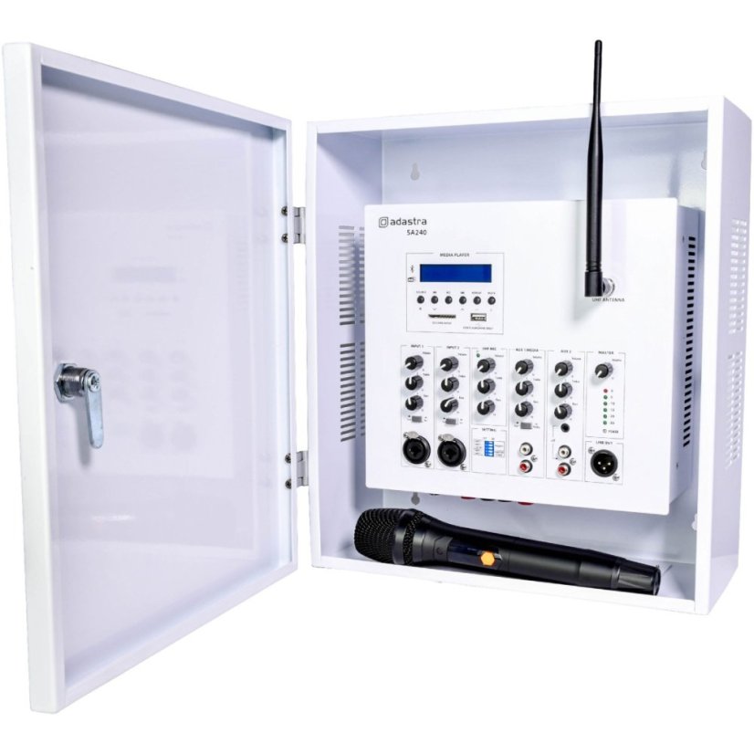 Adastra SA240, 100V nástěnný mixážní zesilovač, 1x 240W, DAB+/FM/BT/USB/SD, UHF mikrofon