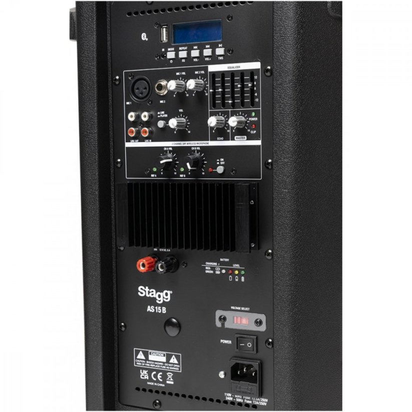 Stagg AS15B, mobilní 15" zvukový systém MP3/BT/USB/TWS/2x UHF, 200W