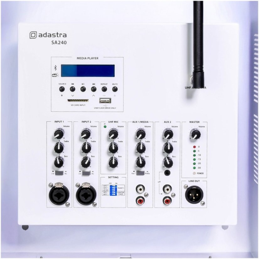 Adastra SA240, 100V nástěnný mixážní zesilovač, 1x 240W, DAB+/FM/BT/USB/SD, UHF mikrofon