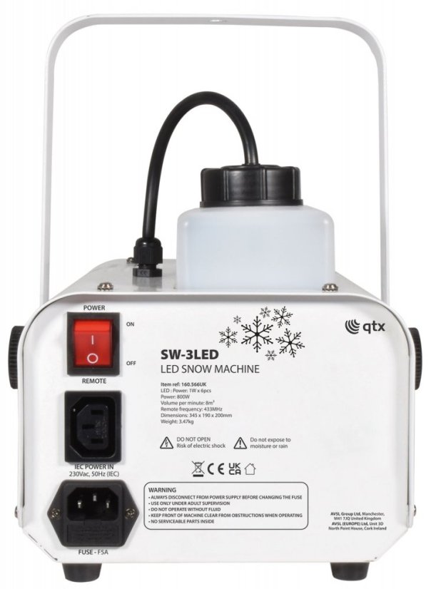 QTX SW-3LED, výrobník snehu, 800W, 6x 1W LED RGB, DMX, IR