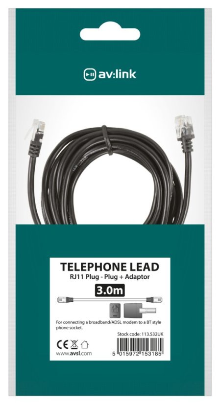 AV:link kábel telefónny 2x RJ11 6P4C samec s redukciou na BT431A, čierny, 3m