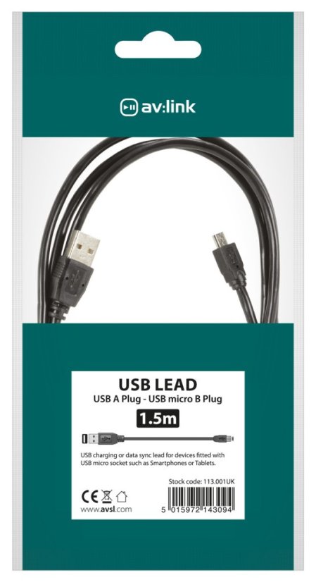 AV:link kábel USB 2.0, 1x typ A samec - 1x mikro 5-pin typ B samec, 1.5m