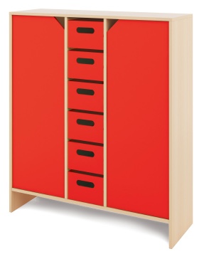 Velká skříň s velkými kartonovými kontejnery a dvířky KLASIKO - Barva: Červená