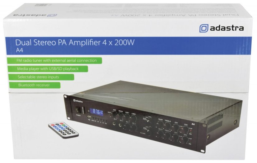 Adastra A4, duální stereo PA zesilovač, MP3/SD/USB/BT/FM, 4x 200W