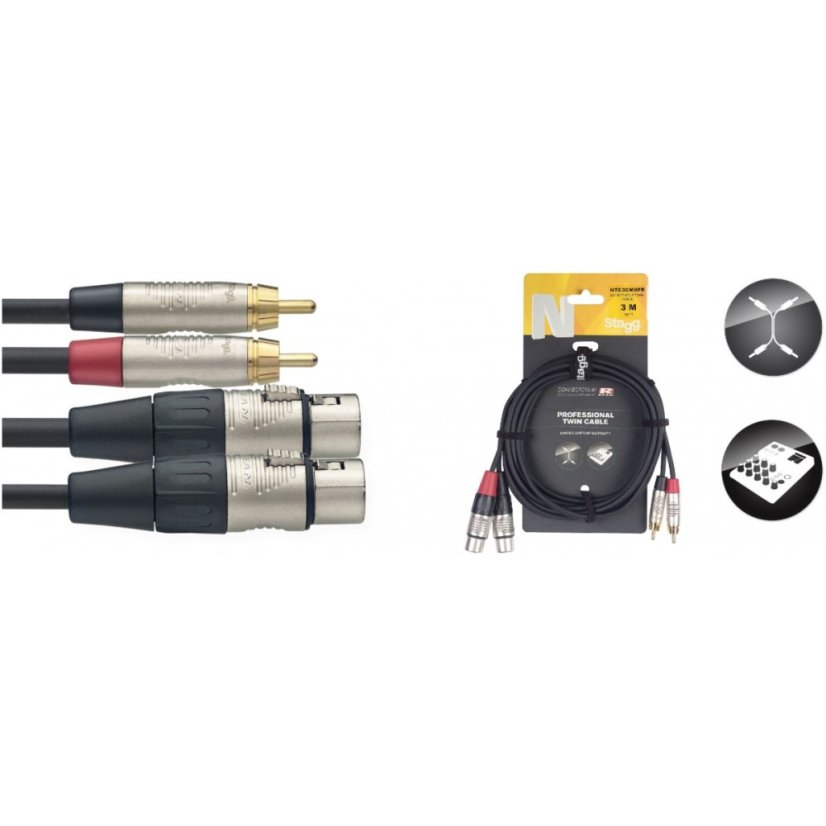 665 - S konektormi REAN - Spĺňa požiadavky RoHS  Stagg NTC3CR dvojitý kábel, RCA/RCA (m/m), 3 m Konektory: RCA samec / RCA samec, REAN Právny aspekt: ​​V súlade s RoHS Farba: Čierna Dĺžka: 3 metre (10 stôp) Dvojitý audio kábel N-série s konektormi REAN by Neutrik cinch/cinch, dĺžka 3m. Farba čierna. V súlade s RoHs. Stagg NTC3CMXMR Dvojitý kábel, RCA/XLR (m/m), 3 m Typ: Dvojitý kábel Konektory: RCA samec / XLR samec, REAN Farba: Čierna Profesionálny audio kábel N-série s konektormi REAN by Neutrik 2x Cinch
