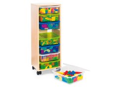 Mobile cabinet with plastic containers and building blocks