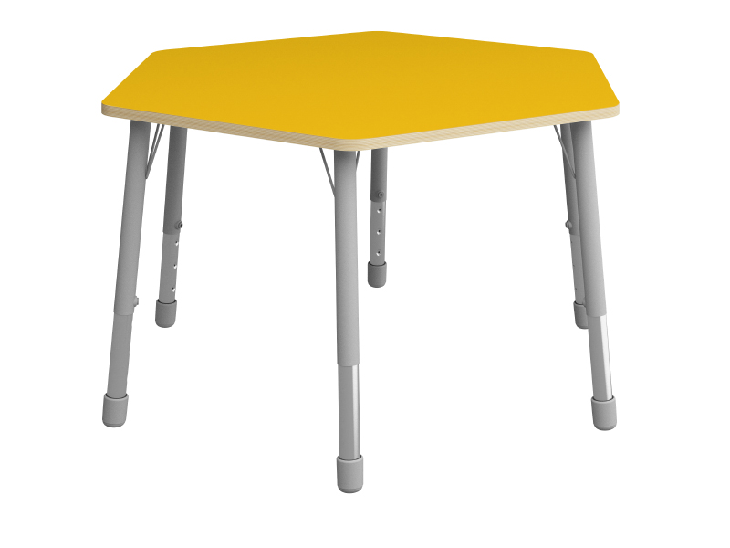 Výškovo nastaviteľný stôl šesťuholník - Žltá - Rozmer: ø 140 cm, Veľkosť výškovo staviteľná: 1-3